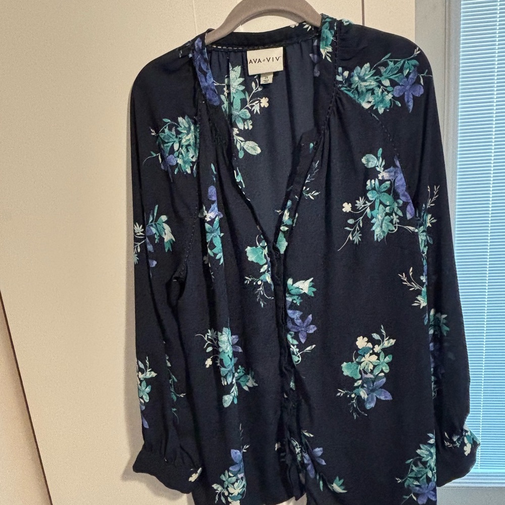 Ava & Viv Blue Blouse with Relaxed Fit and Mandarin Collar